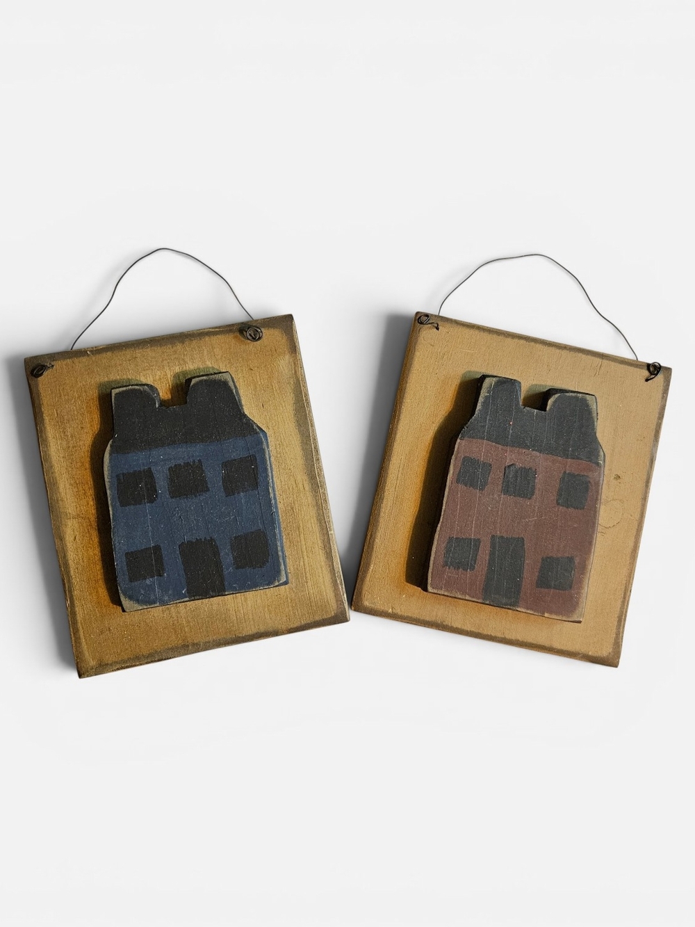 Handcrafted Home Wall Decor Set - Blue & Red Primitive House Plaques